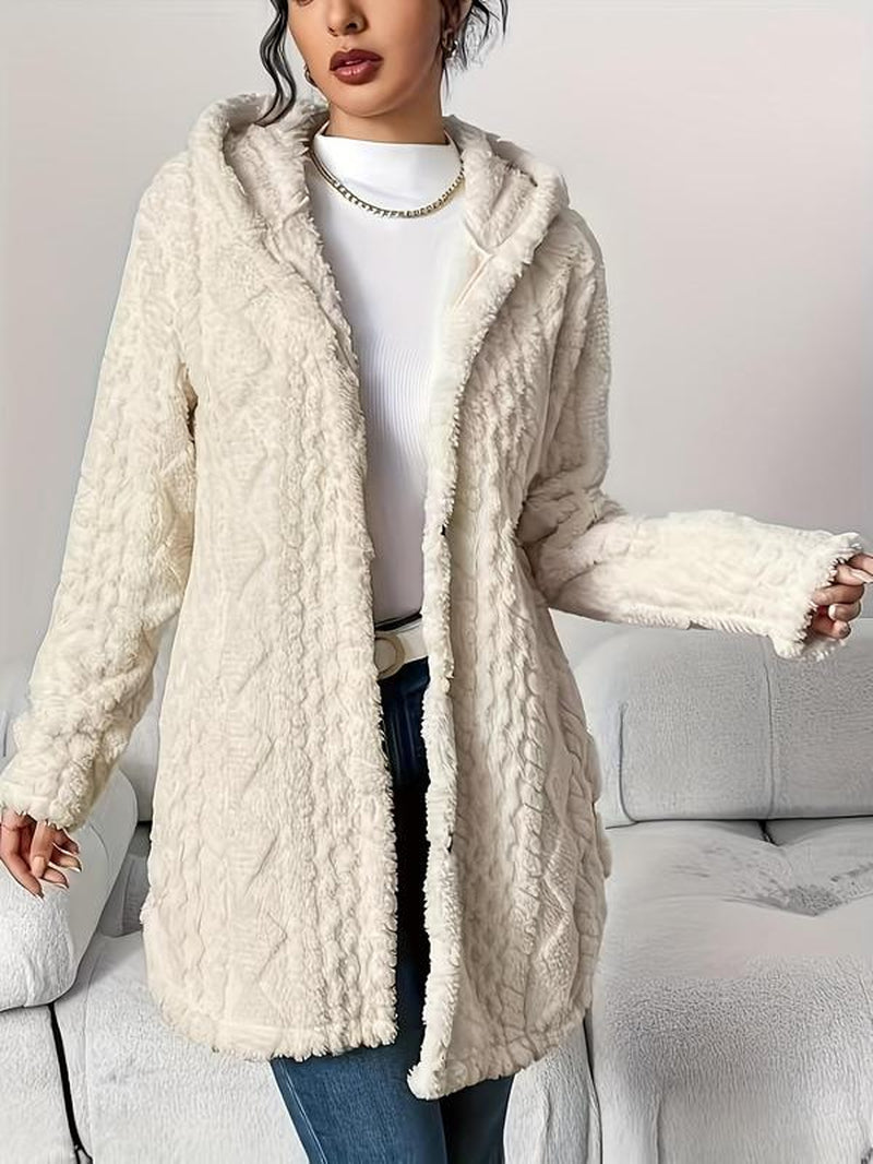 Women'S Solid Color Fuzzy Hooded Jacket, Casual Long Sleeve Outerwear for Daily Wear, Ladies Clothes for All Seasons